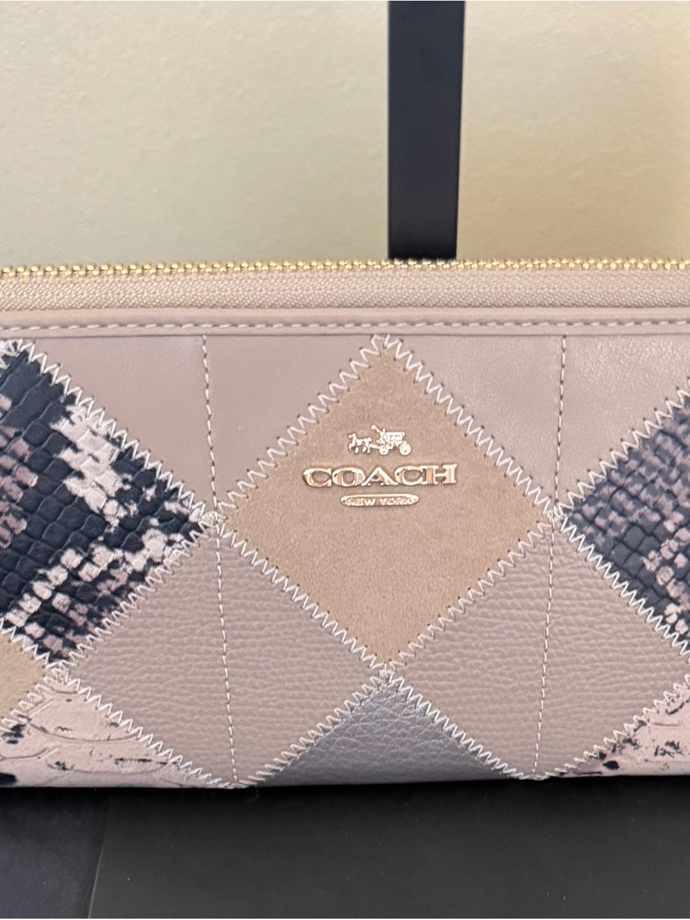 Coach Quilted Patchwork Zip Wallet - Blush Taupe with Snake-Print Accents